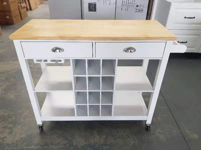 Kitchen Trolley Cart White Cabinet Solid Wood Top