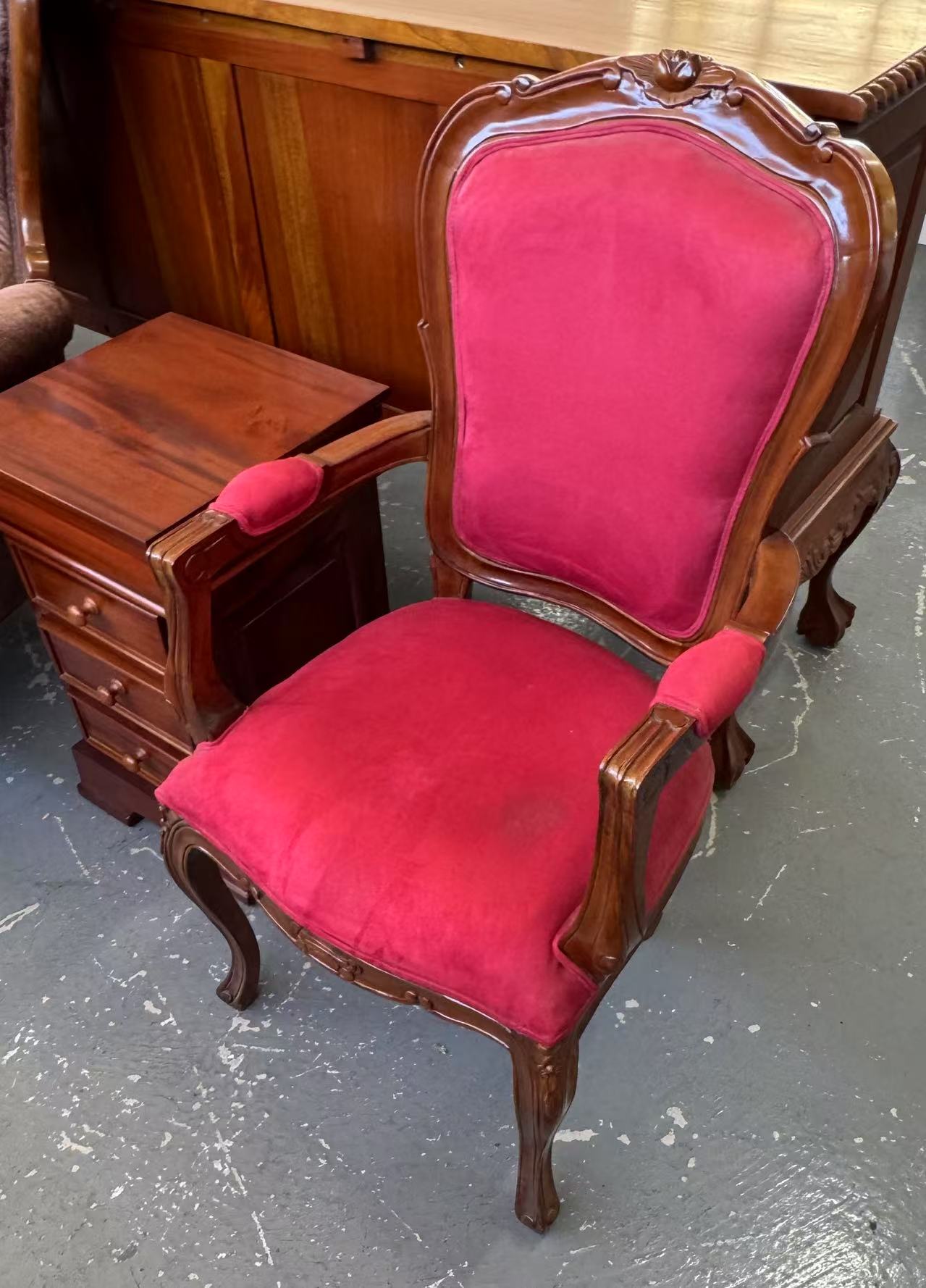 Alireza Solid Mahogany French Provincial Furniture Arm Chair Red