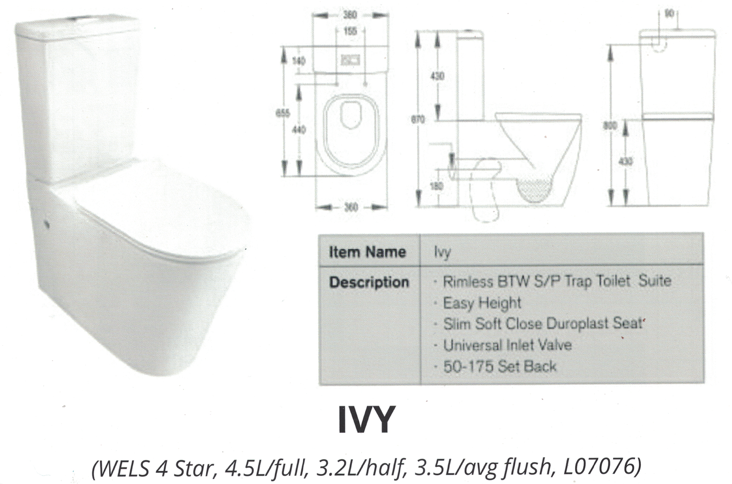 Australia Standard Watermark Toilet Suite - Ivy