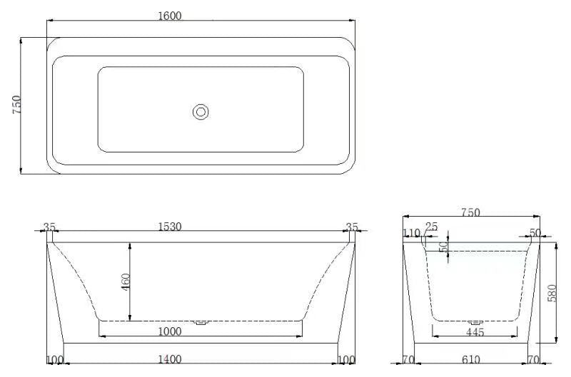 Bathtub White A Grade Acrylic Free Standing Back to Wall L1600